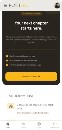 Rootled app home screen showing daily journey on a smartphone
