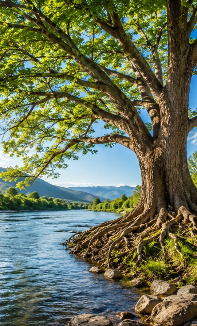 Ancient tree roots at a misty river bank